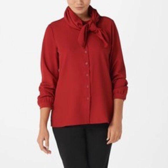 Linea Louis Dell'Olio Crew-Neck Buton Blouse Scarf - Picture 1 of 7